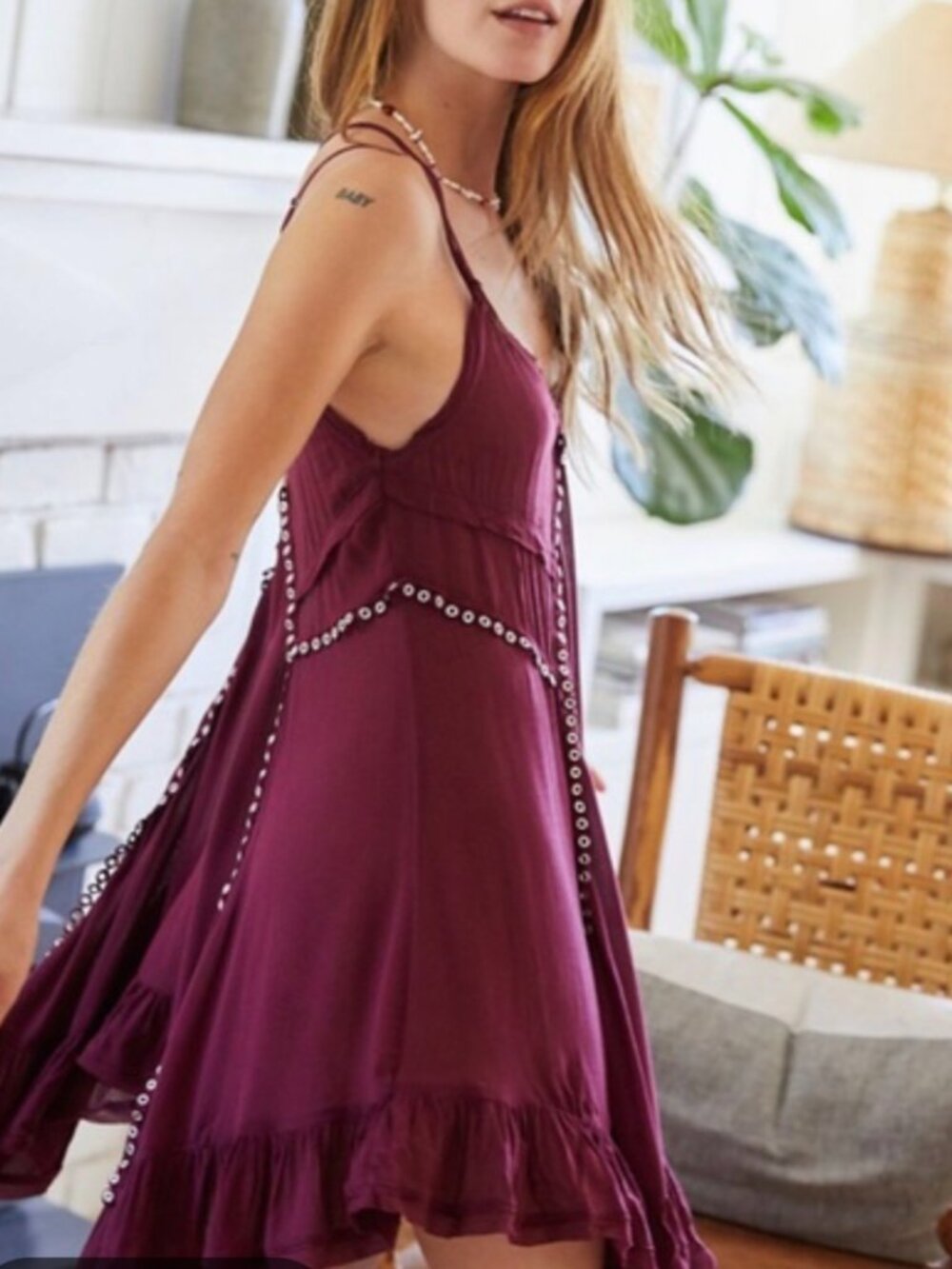 Free People Burgundy Eyelet Mini Dress – Boho Festival Slip Dress - Picture 2 of 8